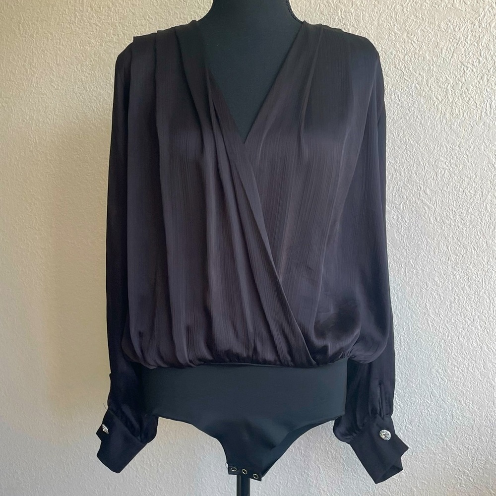 ZARA • Black Long Sleeve Bodysuit Sleek Sheer Material With Rhinestones Buttons